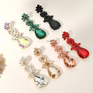 Triple Flower Stone Cluster Link Teardrop Pointed Evening Earrings